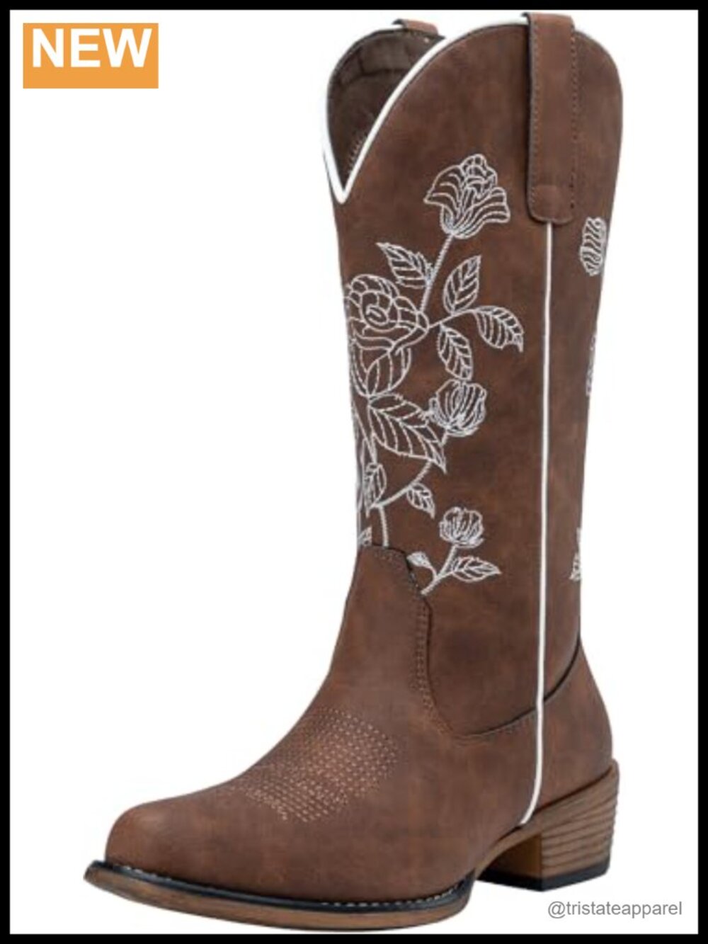 Women's Mid-Calf Western Cowboy Boots with Floral Embroidery, Low Heel, Faux